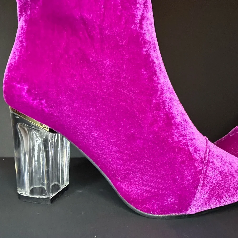 New Wide Calf Size 8W Pink Magenta Velvet With Clear Chunky Heel Boots - Picture 3 of 16